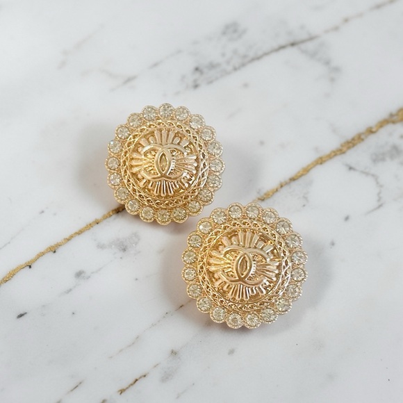 Upcycled Jewelry - *LAST PAIR* Luxury Gold/Rhinestone Upcycled Button Earrings 20mm